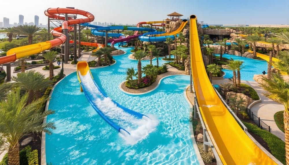 Aerial view of Aquaventure World Dubai with waterslides and pools Aerial view of Aquaventure World Dubai with waterslides and pools